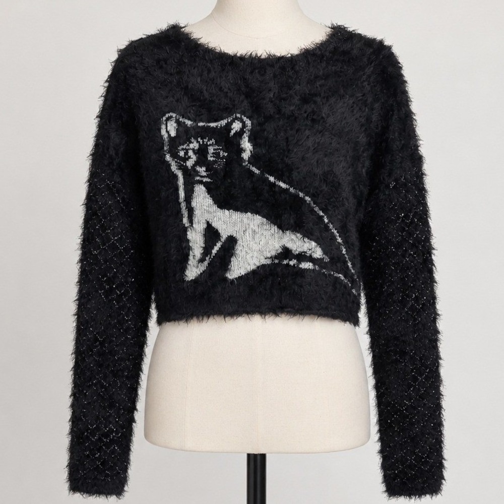 Guess Los Angeles Black Eyelash Knit Cat Sweater Fuzzy Cat Cozy Size Medium